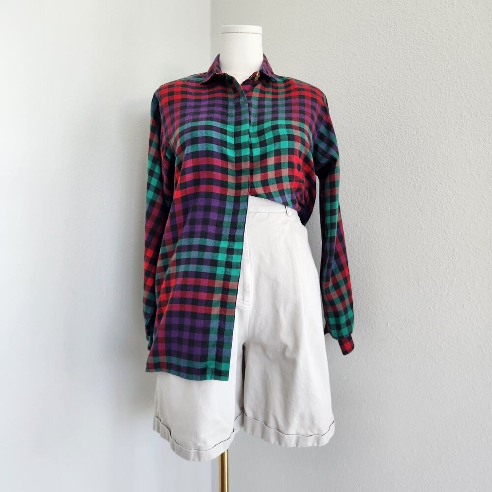 Vintage 90s Jewel Tone Plaid Button Up Shirt Grunge Dark Academia HaberDasher M